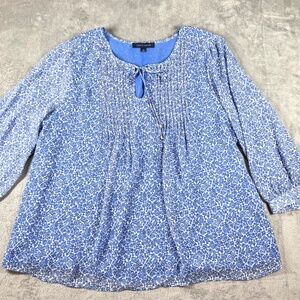 Tommy Hilfiger Blue White Floral Pintuck Blouse Women’s Plus 2XL Tie Neck Top